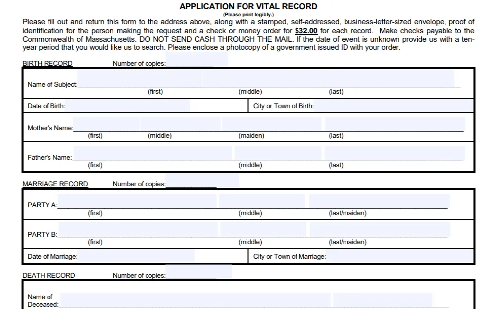 A screenshot of the Application for Vital Records form, including the corresponding payment for each record requested ($32); the image shows the required fields for birth, marriage, and death document request.