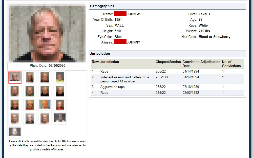 The screenshot from the Massachusetts Sex Offender Registry displays the offender's information, including their mugshots, full name, year of birth, gender, and physical attributes, as well as the case details.