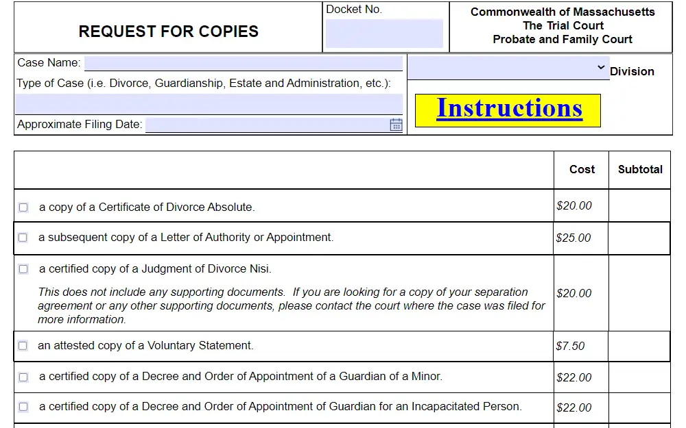 A screenshot showing the request form for vital documents from the Commonwealth of Massachusetts' Probate and Family Court displays the corresponding payment for each.