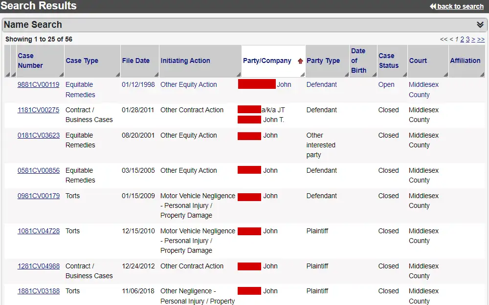 A screenshot showing the list of individuals from the result of a name search on the Massachusetts Trial Court Electronic Case Access Tool; results (showing 1 to 25 of 56) are organized in a table.