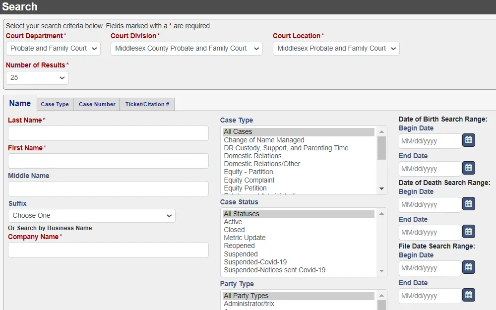 A screenshot from the Massachusetts Trial Court Electronic Case Access displays their case search page's set Court Department to "Probate and Family Court", Court Division and Court location to “Middlesex County” and an option to change the number of results from the dropdown box, including the required fields to conduct a search.