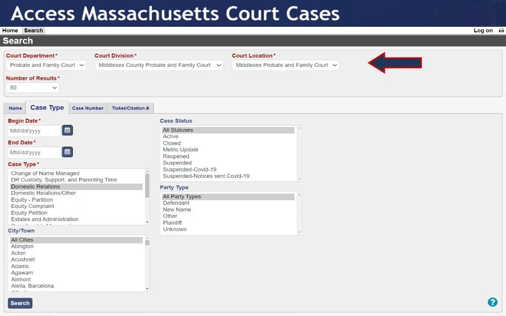 A screenshot that displays the Massachusetts court case search with dropdown box options such as court department, division and location, begin and end date, case and party type, case status, city or town on the "Case Type" tab.