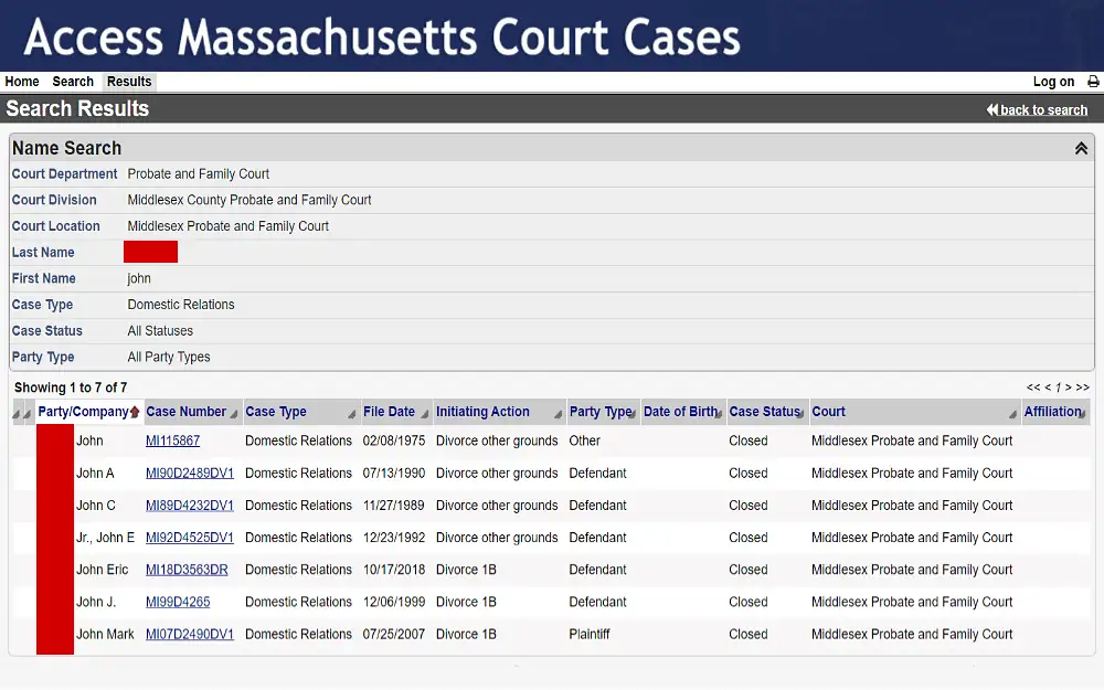 A screenshot that shows the Massachusetts court case by name search results displaying information such as the court department, division and location, first and last name, case number, type and status, party or company type, date filed, date of birth and affiliation.