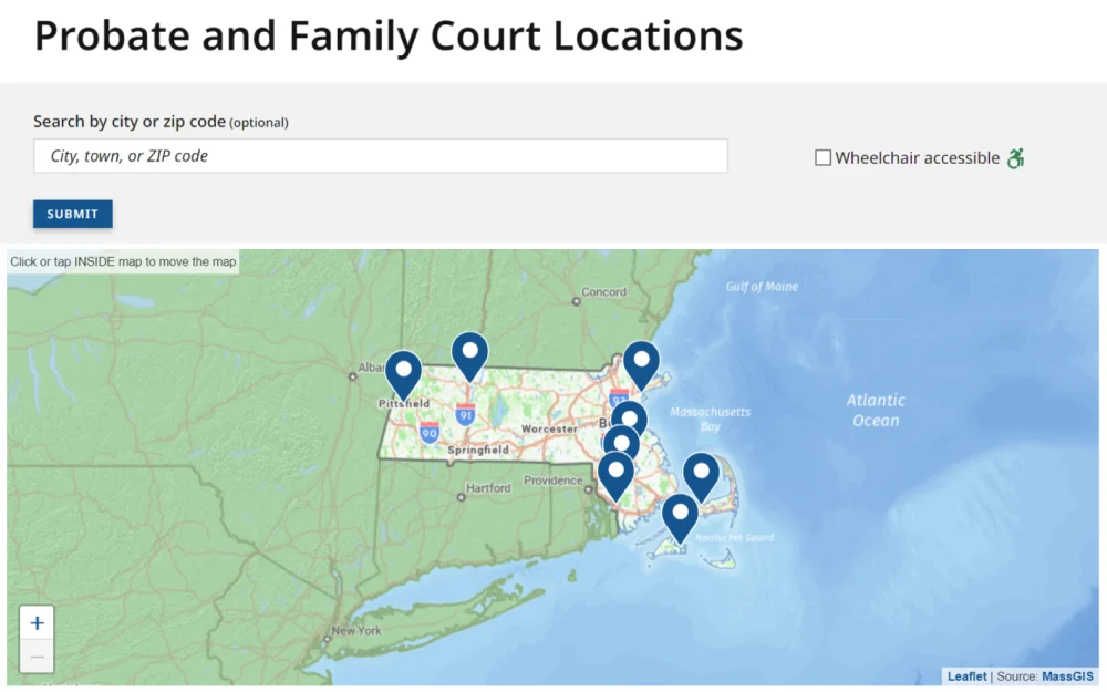 A screenshot displaying probate and family court locations with a search toolbar that can be used to search by city, town, or ZIP code, including an option for wheelchair accessibility information and a visual movable map.