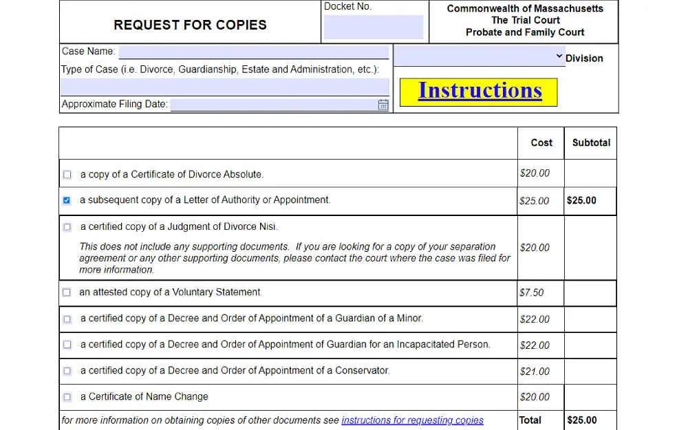 A screenshot that shows a request for copies form from the Commonwealth of Massachusetts Trial Court with information to fill out, such as docket number, case number, type of case, division, approximate filing date, and displaying details regarding the type of document and its cost and subtotal amount.